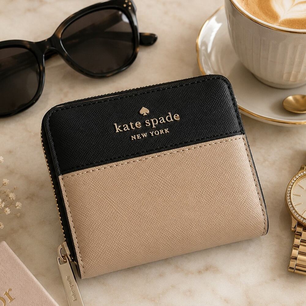 Kate Spade Colorblock Wallet | Black & Tan Zip Around Bifold Leather